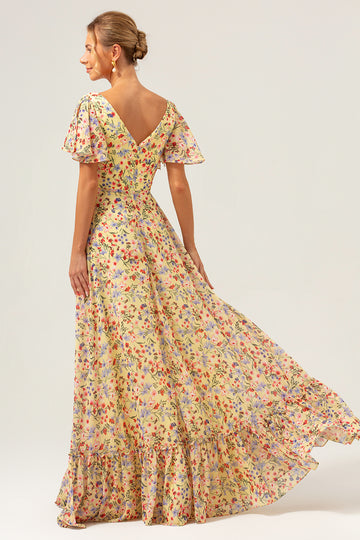 Yellow Flower Printed A-Line V-neck Short Sleeves Long Wedding Guest Dress